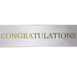 white ribbon with gold Congrations text